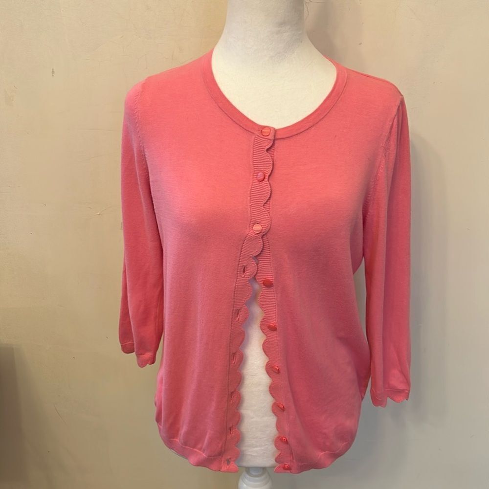 Talbots pink 3/4 length sleeve scalloped hem cardigan Size MP EUC
